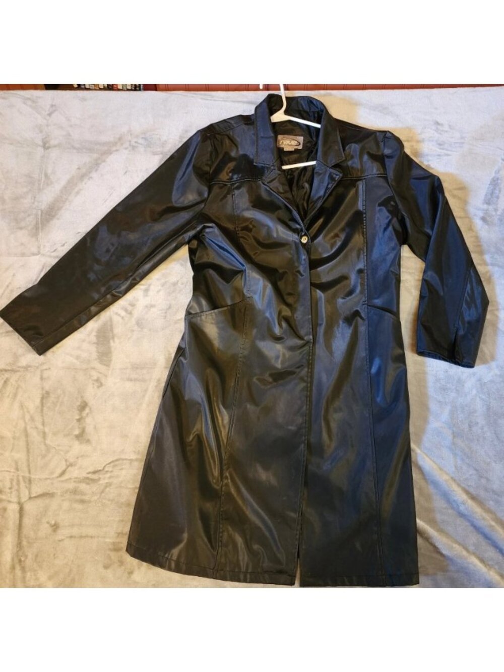 Womens Black Faux Leather Trench Coat Long Jacket XL Button Front Vegan Leather